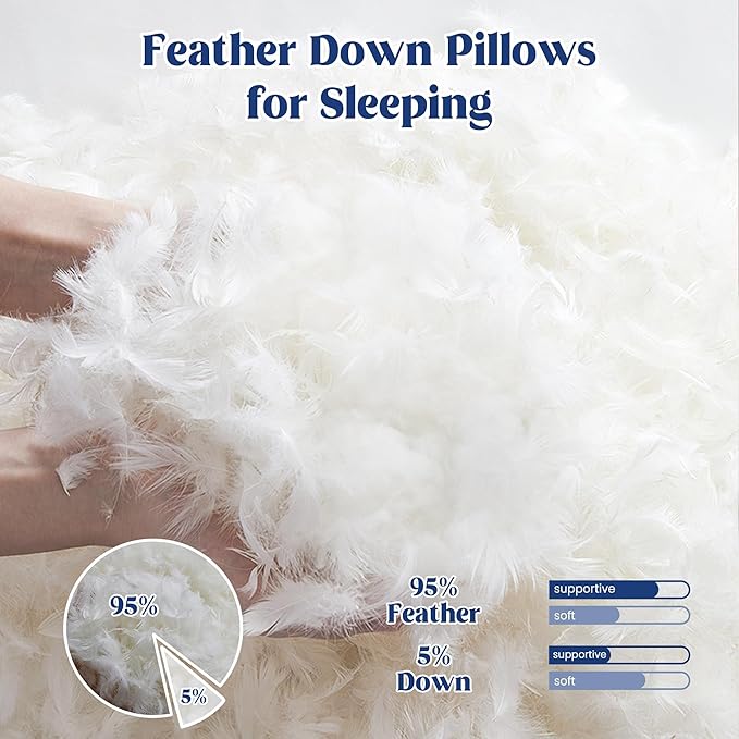 puredown® Goose Feather Down Pillows Queen Size Set of 2, Fluffy Luxury Hotel Collection Bed Pillow for Back, Stomach or Side Sleeper