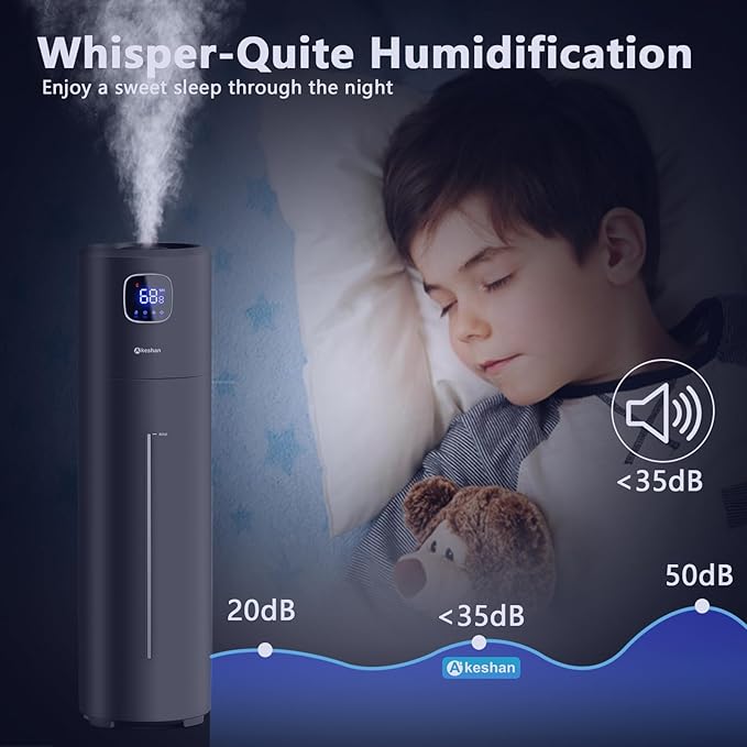 Akeshan Large Humidifiers for Bedroom, 9L/2.5Gal Ultrasonic Cool Mist, Top Fill Easy Clean with 350ML/H Mist Speed, Quiet, Suitable for Kids Room Plant Yoga Office Study Room Living (Black, Round)