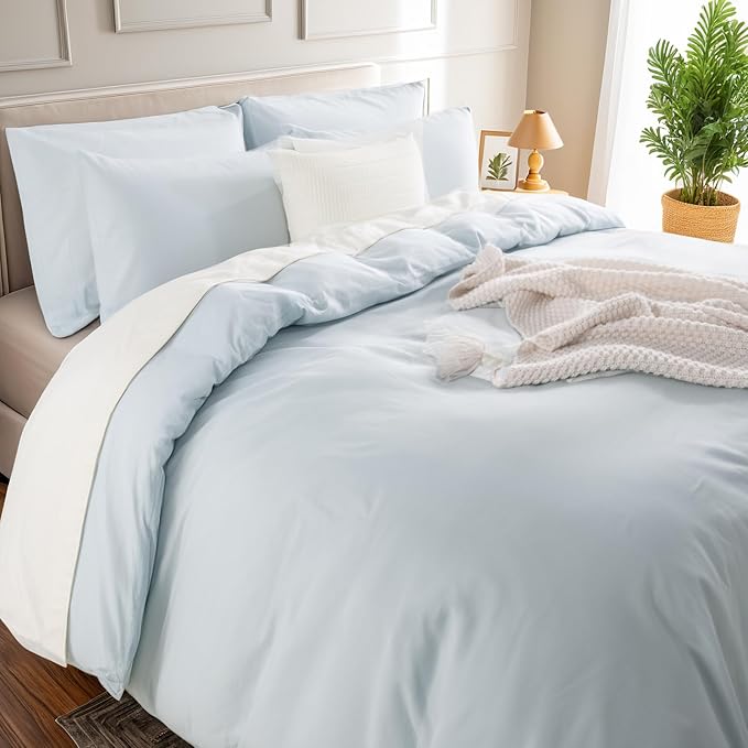 NEXHOME PRO Duvet Cover Set 100% Washed Cotton Full Size Linen Feel Textured Organic Natural 3 Pieces Bedding Set with Zipper Closure and Corner Ties, Breathable (Baby Blue, No Comforter)