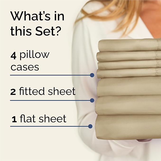 Split King 7 Piece Sheet Set - Comfy Breathable & Cooling - Hotel Luxury Bedding for Women, Men, Kids, Teens & Children - 1 Flat & 2 Fitted Sheets & 4 Pillowcases w/ Deep Pockets, Wrinkle Free - Beige