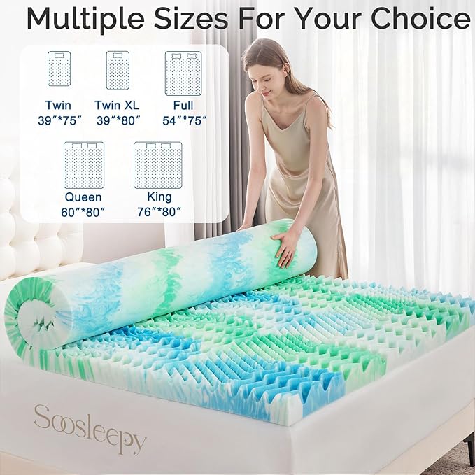 SOOSLEEPY 3 Inch 7-Zone King Memory Foam Mattress Topper Egg Crate Cooling Gel Infused Mattress Pad Bed Topper for Pressure Relief and Back Pain Soft & Breathable, CertiPUR-US Certified