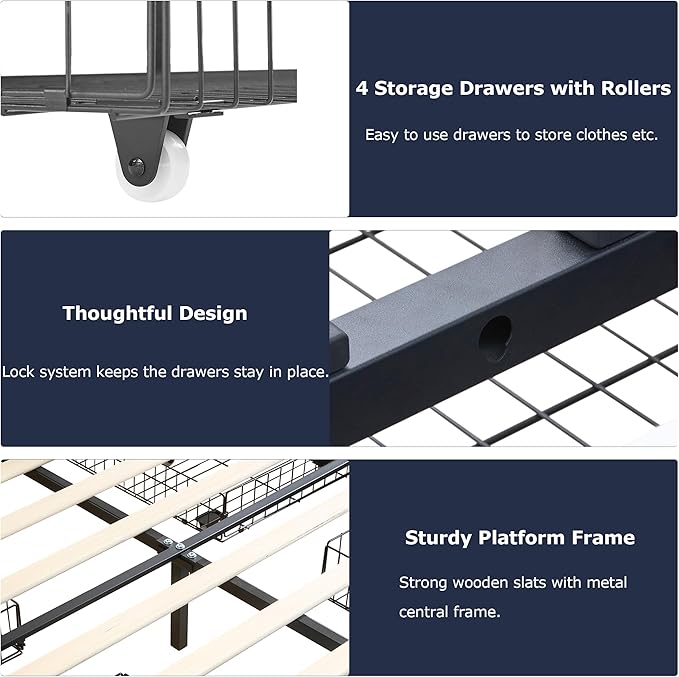 VECELO King Size Bed Frame with 4 Storage Drawers, Adjustable Height Headboard, Heavy-Duty Bedframe with Strong Wooden Slats, No Box Spring Needed, Black