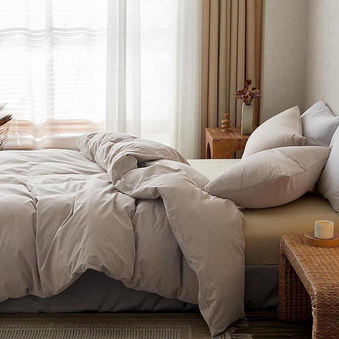 TOCOMOA Duvet Cover Set 100% Washed Cotton Linen Feel Soft Comfy Breathable 3 Piece Comforter Covers Bedding Set (Queen, Heathered Linen Grey)