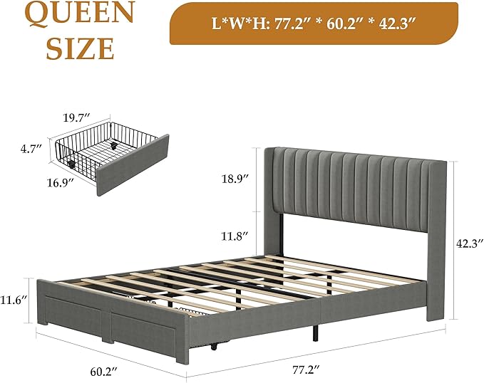 GarveeHome Queen Size Bed Frame, Bed Frame Upholstered Platform Bed with Velvet Headboard, Wing Edge Design, 2 Storage Drawers, No Box Spring Needed, Grey