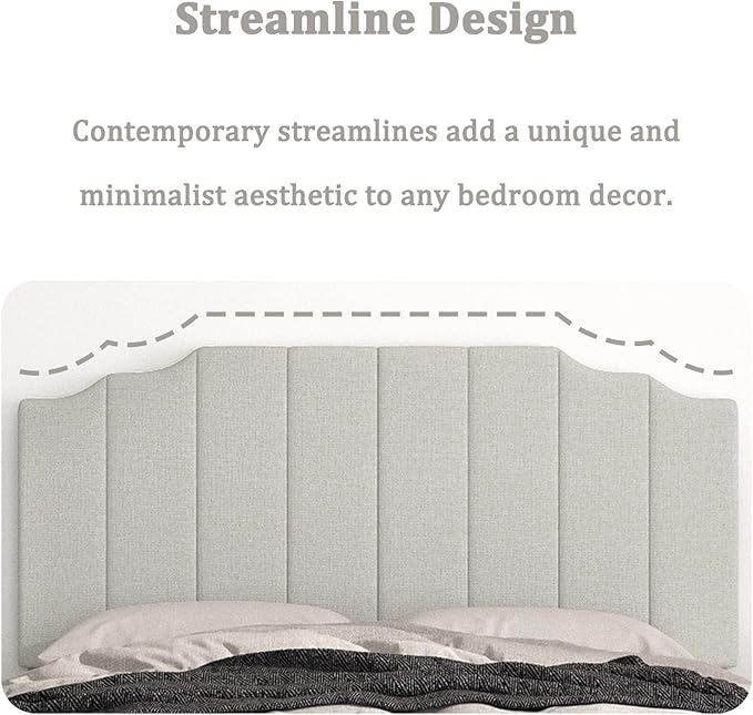 Befurtori Queen Size Headboard Only, Linen Wall Mounted Headboard Queen/Full Size for Adjustable Bed, Modern Vertical Channel Design with Curved Tufted Upholstered Head Board, Linen Gray
