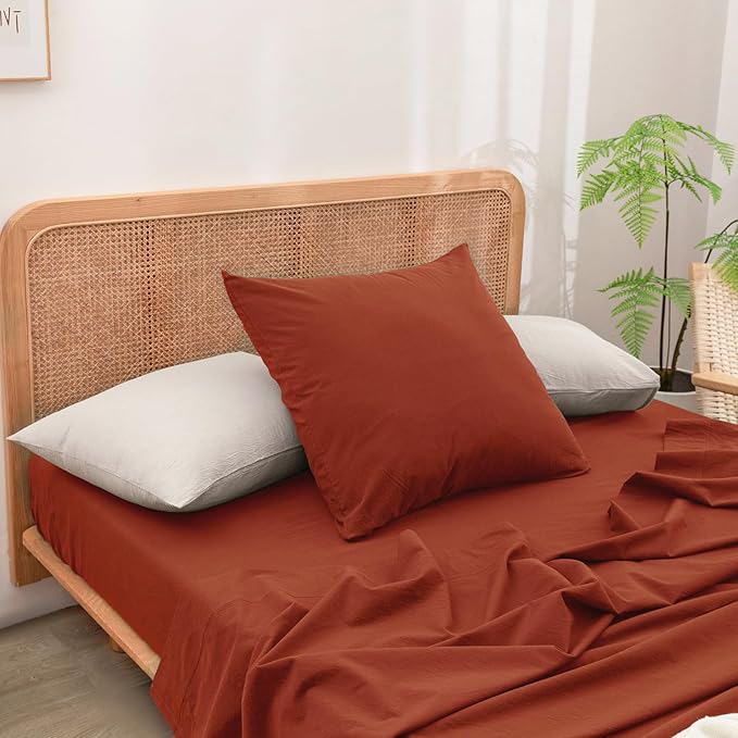 BESTOUCH 100% Washed Cotton Pillowcase for Hair and Skin Linen Feel Soft Comfortable Breathable 2 Set Pillow Case with Envelope Closure Solid Burnt Brick Red Euro 26x26 Inches