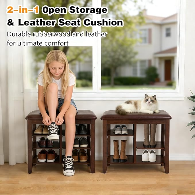 PY HOME & SPORTS Shoe Rack for Entryway 23.6": 3-Tier Shoe Storage Bench, Adjustable/Removable Shelves, Rubberwood Shoe Benches for Hallway, Porch, Bathroom, Brown