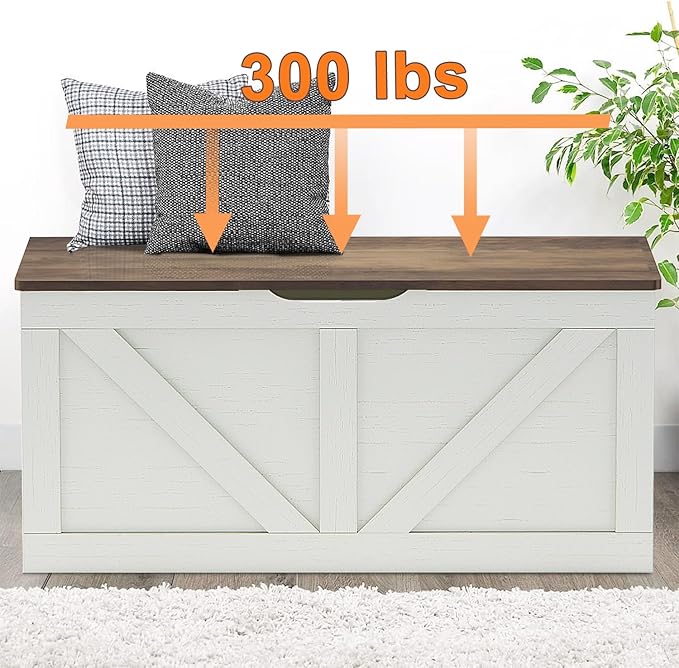 Timberer 39.4" Storage Chest, Wooden Storage Bench, Large Storage Trunk with 2 Safety Hinges, Entryway Shoes Bench for Living Room, Bedroom, Brown and Rustic White