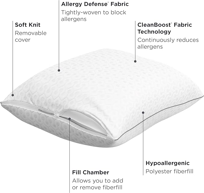  AllerEase Platinum 2-in-1 Adjustable Pillow, CleanBoost Allergen Barrier, Extra Fill, Standard/Queen - 2 Pack