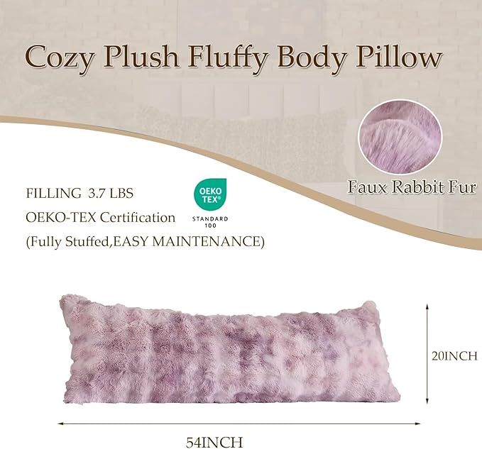 Luxury Shaggy Faux Fur Body Pillow,Fluffy Bed Pillow with Zipper Closure,Soft Decorative Plush Full Long Pillows,Fuzzy Hug Pillow for Living Room Side Sleeper & Pregnancy 20"x54" Tie-dye Lavender