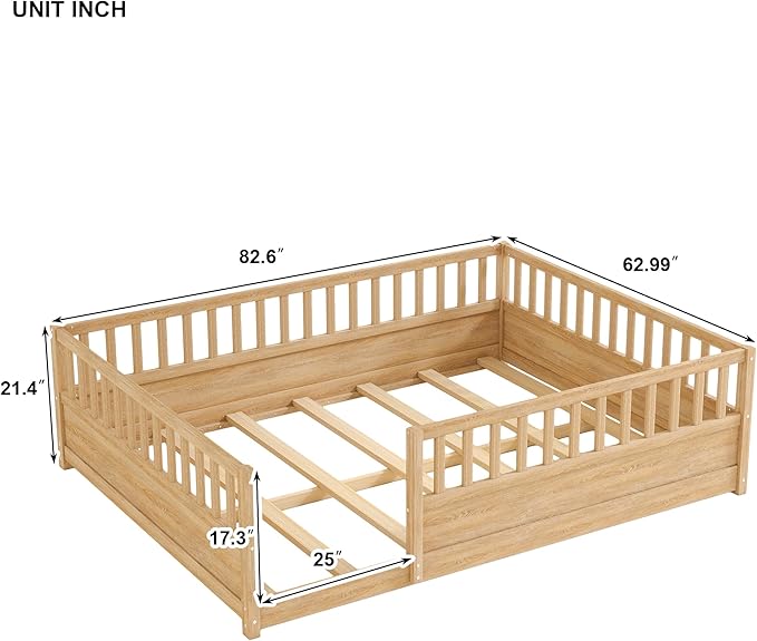 Bellemave Queen Floor Bed with high Fence, Solid Pine Wood Montessori Bed for Kids Girls Boys Floor Bed Frame, Natural with slats