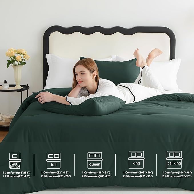 CozyLux King Size Comforter Set Forest Green, 3 Pieces Solid Comforters King Size Breathable Quilted Bedding Sets, Luxury Soft Lightweight Bed Set with Down Alternative Comforter and 2 Pillowcases