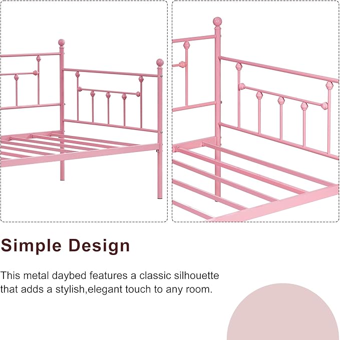 VECELO Daybed Frame, Twin Size Metal Platform Bed with Headboard,Heavy Duty Steel Slats Support for Living Room Bedroom Guest Room, Easy Assembly