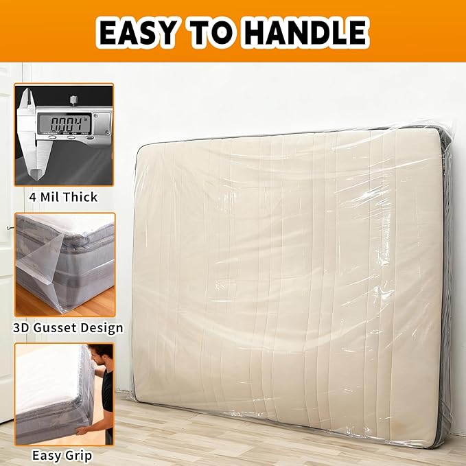 TopSoon 2PK Clear Plastic Mattress Bag - Moving & Storage Cover for Mattress or Box Spring - Heavy-Duty Disposal Supplies (4mil, Twin)