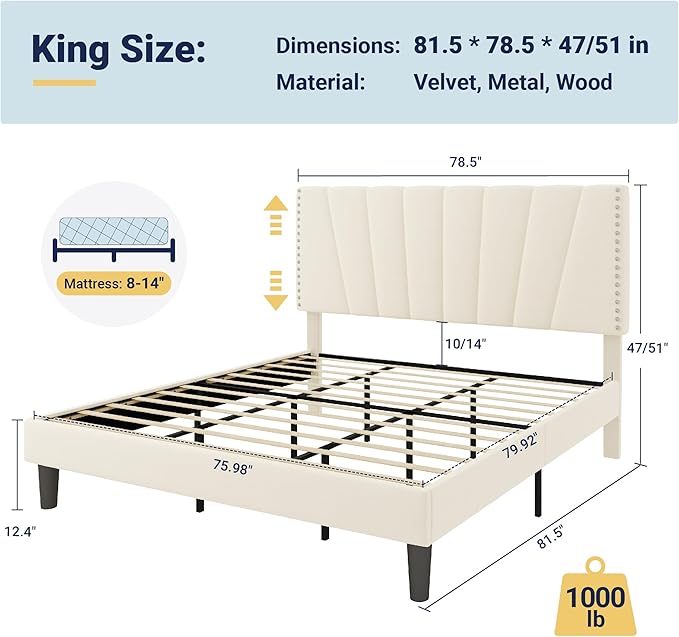Allewie King Size Bed Frame with Adjustable Velvet Upholstered Headboard, Rivet-Style Nailhead Trim Detail Platform Bed Frame, Wooden Slat Support, No Box Spring Needed, Easy Assembly, Cream