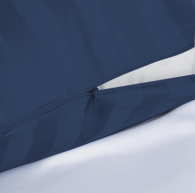 100% Egyptian Cotton Toddler Pillowcases Set of 4, 400 Thread Count Sateen Weave Small Pillow Protectors, Super Soft Breathable Zippered Pillow Covers 13x18 Inches (Stirpe Navy Blue, Toddler)