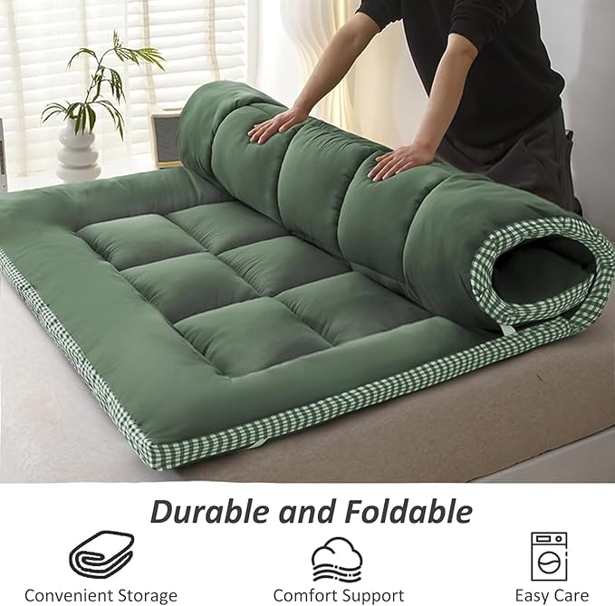 Thick Mattress Topper Twin Size - Non-Slip Mattress Pad Cover for Back Pain Breathable Folding Sleeping Pad Machine Washable Mattress Protector (39x75 inch,Green)