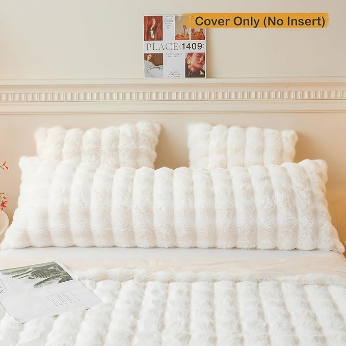 LIFEREVO Fluffy Faux Rabbit Fur Body Pillow Cover, Luxury Ivory Bubble Shaggy Plush Bed Body Pillowcase with Zipper Closure, Long 20"x54" Fuzzy Furry Pillow Case for Adults Kids Girls Teens, Beige