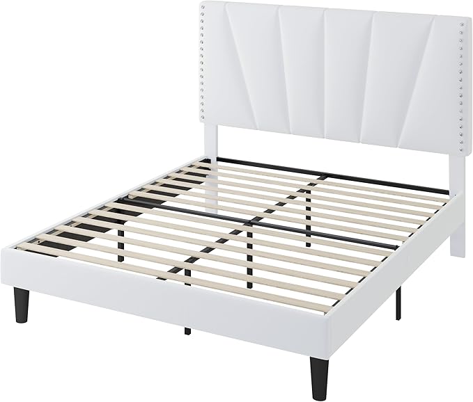 SHA CERLIN Full Size Bed Frame with Adjustable Upholstered Velvet Rivets Headboard, Sturdy Wooden Slats, Strong Platform Support for Mattress, No Box Spring Needed, Easy Assembly, White