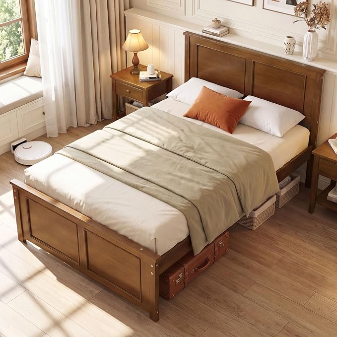 Giantex Wood Twin Bed Frames with Headboard, Farmhouse Solid Platform Bed w/Wooden Slat Support Mattress Foundation, Under-Bed Storage, No Box Spring Needed, Walnut