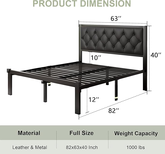 Feonase Queen Size Metal Bed Frame with Faux Leather Button Tufted Headboard, Heavy-Duty Platform Bed Frame with 12" Storage, Steel Slats Support, No Box Spring Needed, Noise Free, Matte Black