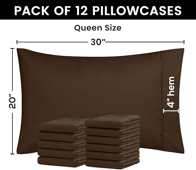 Utopia Bedding Queen Pillow Cases - 12 Pack - Envelope Closure - Soft Brushed Microfiber Fabric - Shrinkage and Fade Resistant Pillow Covers Queen Size 20 X 30 Inches (Queen, Brown)