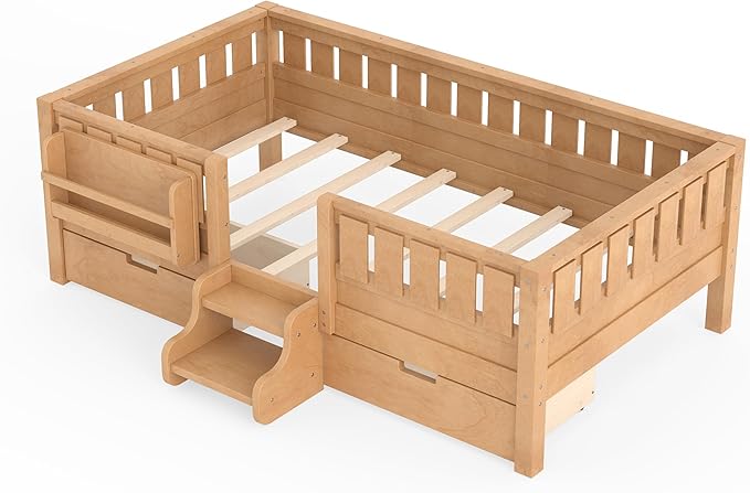 Bellemave Twin Bed with Storage Drawers & Bookshelf, Low Profile Kids Bed Frame with Staircase & Full Length Guardrails, Solid Wood Twin Bed for Kids with Slats Load 300LBS, Easy Assembly, Natural