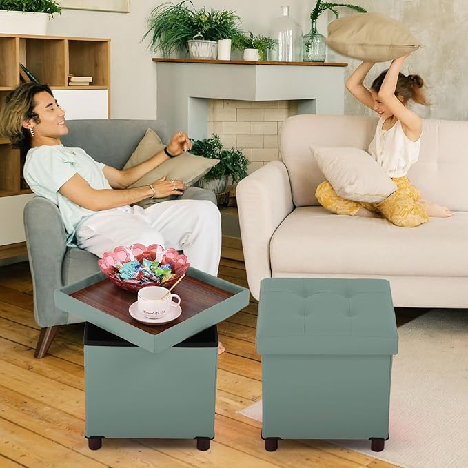 Dorriss Storage Ottoman, Ottoman with Storage for Living Room Square Ottoman with Tray Lid Bedroom Storage Footstool Cube Small Ottomans Foot Rest Stool with Legs Foldable Faxu Leather 15" Inches