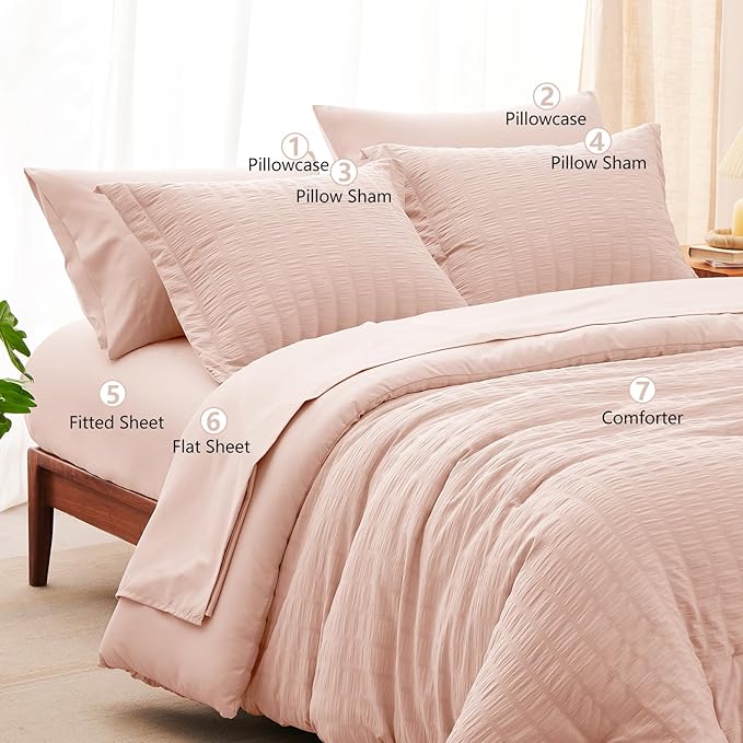 CozyLux King Size Comforter Set Blush Pink Seersucker 7 Pieces Bed in a Bag King Comforter Set with Sheets, Luxury Soft Bedding Sets with Down Alternative Comforter, Sheets, Pillowcases & Shams