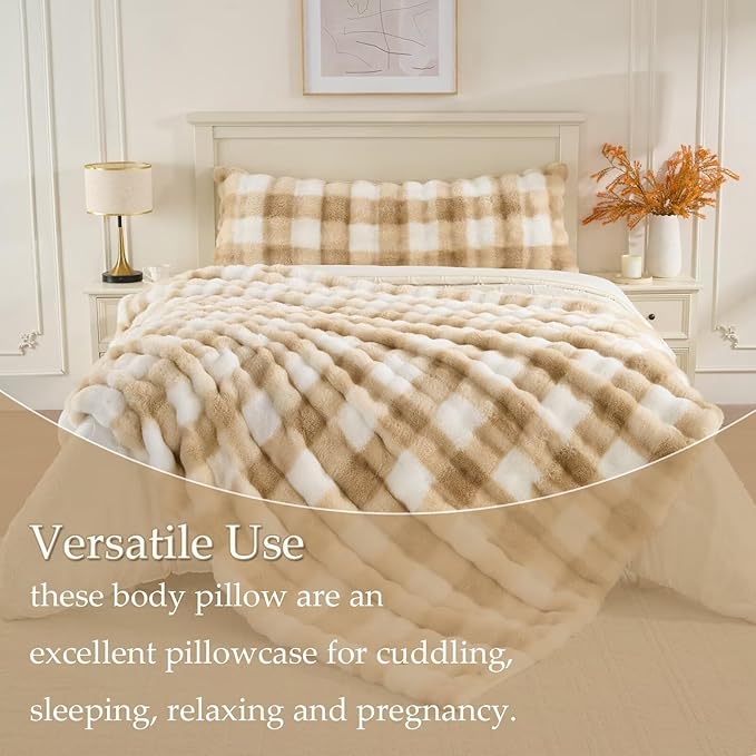 Luxury Shaggy Faux Fur Body Pillow,Fluffy Bed Pillow with Zipper Closure,Soft Decorative Plush Full Long Pillows,Fuzzy Hug Pillow for Living Room Side Sleeper & Pregnancy 20"x54" Cream and Camel