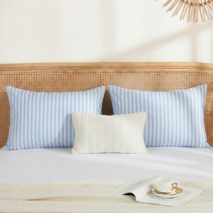 Merryword Blue and White Striped Pillowcases, 100% Cotton Pillow Cases, Queen Size Pillowcases, Soft Breathable Ribbon Stripe Pillow Covers, Set of 2