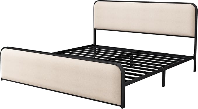 Merax Metal Platform Bed King Size with Curved Upholstered Headboard and Footboard, King Bed Frame with 8" Storage Space Under Bed, Heavy Duty Metal Slats, No Box Spring Needed, Easy Assembly, Beige