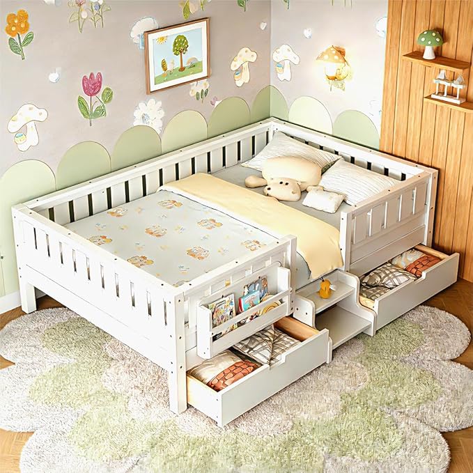 Bellemave Queen Bed with Storage Drawers & Bookshelf, Low Profile Kids Bed Frame with Staircase & Full Length Guardrails, Solid Wood Queen Bed for Kids with Slats Load 550LBS, Easy Assembly, White