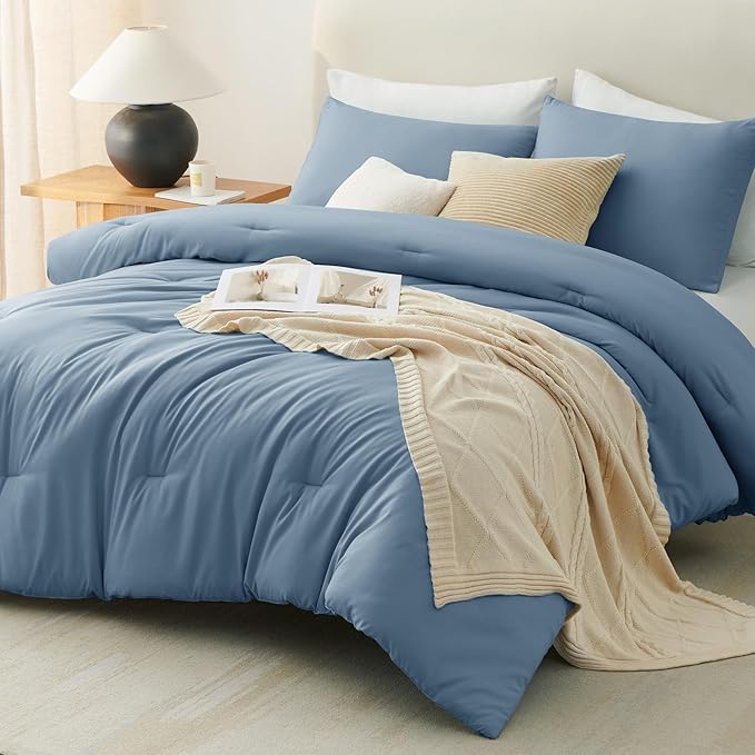 CozyLux Twin Comforter Set Grayish Blue, 2 Pieces Twin Extra Long Solid Breathable Bedding Set for College Dorm, Twin XL Dusty Blue Luxury Soft Bed Set with Down Alternative Comforter and 1 Pillowcase