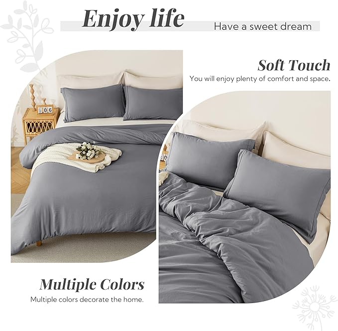 MILDLY Super Soft Duvet Cover - 100% Washed Microfiber Dark Grey Comforter Cover Set 3 Pieces with Zipper Closure & Corner Ties (No Comforter)