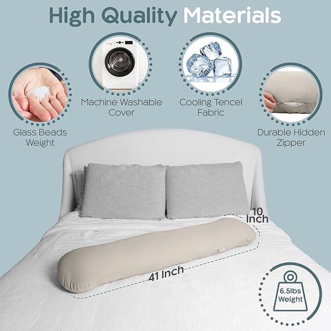 SleepCloud Weighted Body Pillow 6.5lbs - Weighted Pillow for Deeper Sleep (41” x 10”) - Cooling Body Pillows for Adults, Side Sleeper Body Pillows with Cover (Champagne)