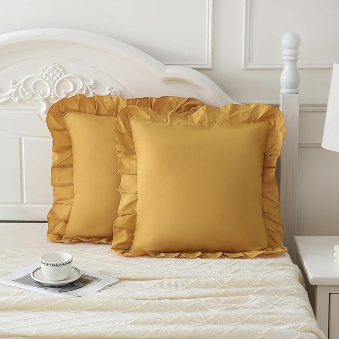 Merryword Mustard Yellow Pillowcases 18x18 Throw Pillow Covers Pack of 2 Soft Microfiber Ruffle Decorative Pillowcase Cushion for Couch Sofa Bedroom