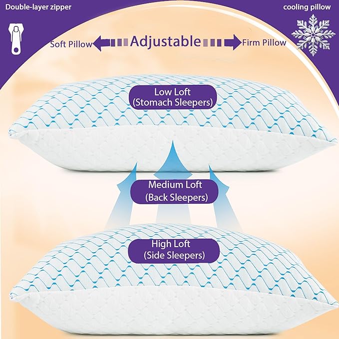 VAINOC Memory Foam Pillows King Size Set of 2,Adjustable Cooling Firm Pillow for Side Back Stomach Sleepers with Washable Removable Cover