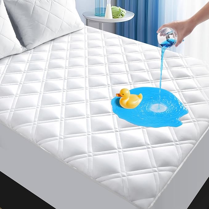 MEELUS Twin XL Mattress Protector, Breathable Waterproof Mattress Pad Cover Fitted Deep Pocket 8"-21", Soft Noiseless Mattress Cover Washable Cooling Padded ffor Home, College Dorm, White