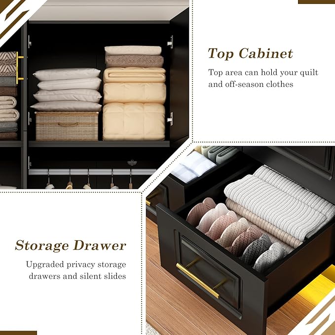 Hlivelood Large Armoire Wardrobe Closet Cabinet with Drawers and LED Lights, Multi-Tier Shelves, Hanging Rod, Large Capacity Storage 3 Door Wardrobe Armoire with Top Cabinet for Bedroom, Black