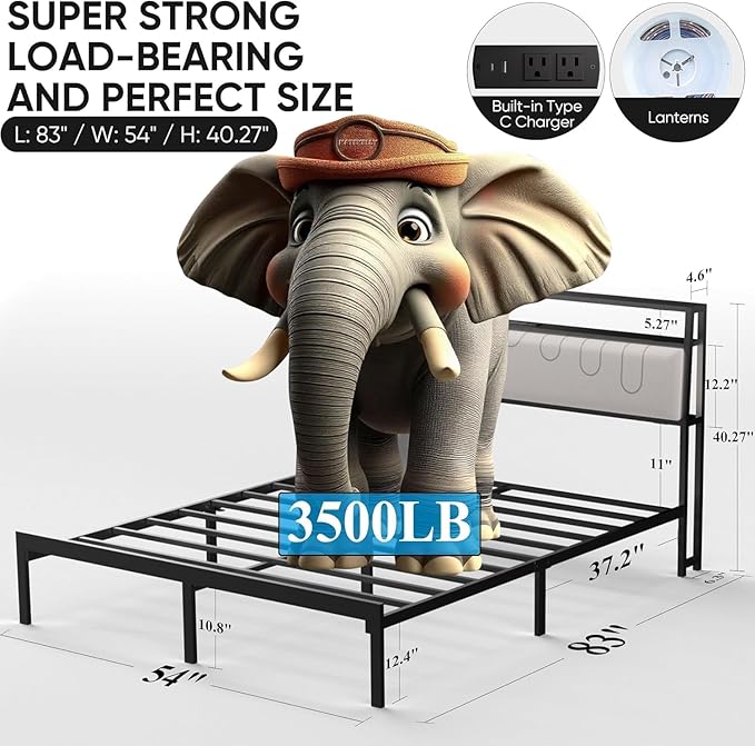 J.Fkne Full Bed Frames with Charging Station and LED Lights, Full Size Platform Bed with Metal Slats, Upholstered Headboard with 2-Tier Storage Shelves, No Box Spring Needed, Easy Assembly, Black