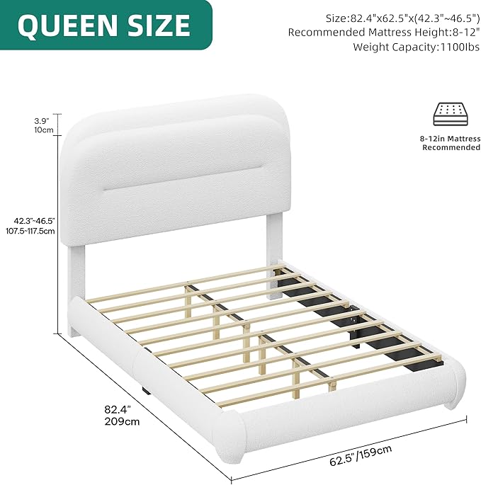 YITAHOME Queen Size Boucle Bed Frame, Upholstered Platform Bed Frame with Headboard, Modern Style, Soft Rounded Corners with Thickened Footboard, No Box Spring Needed, Easy Assembly, White