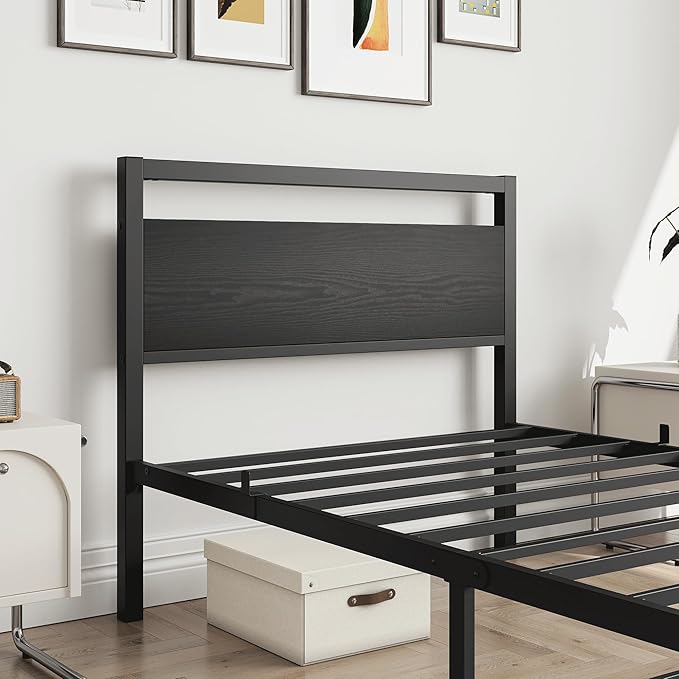 HOJINLINERO Black Twin Bed Frame with Wood Headboard,Metal Single Platform Bed Frame Twin Size No Box Spring Needed,Heavy Duty Metal Slats Support,Mattress Base,Noise Free,Easy Assembly,Black