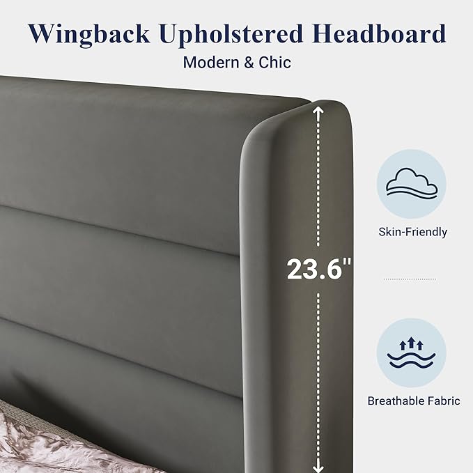 Allewie Queen Size Platform Bed Frame with Velvet Upholstered Wingback Headboard, No Box Spring Needed, Under Bed Storage Space, Strong Wooden Slats, Modern Mattress Foundation, Easy Assembly, Grey