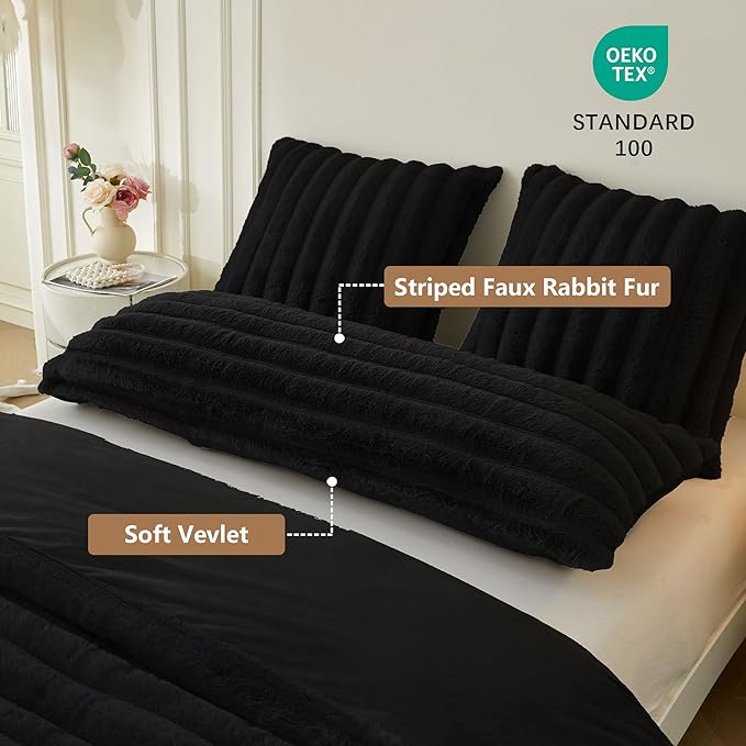 MEGO Soft Faux Rabbit Fur Body Pillow Cover 20"x54", Cozy Plush Fuzzy Striped Bed Pillowcase with Zipper, Shaggy Furry Ribbed Long Bolster Pillow Cover Decorative for Bed Couch Sofa Bedroom, Black