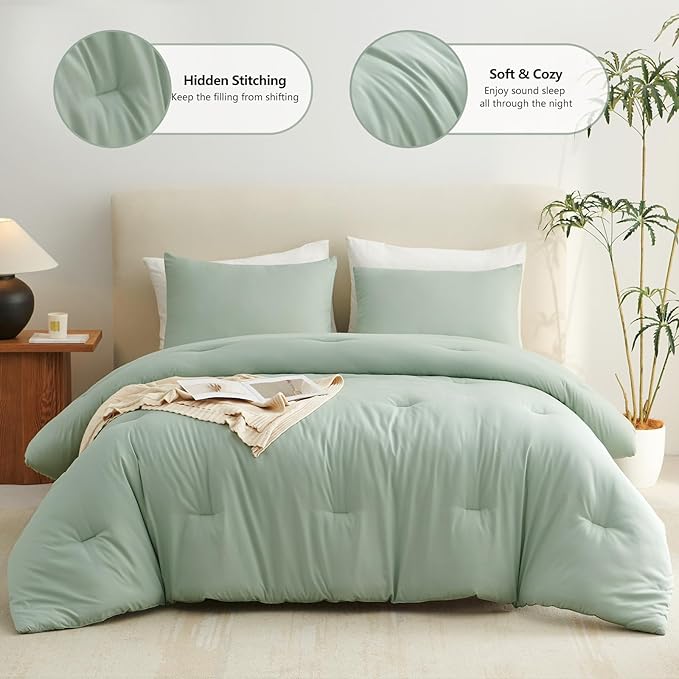 CozyLux King Size Comforter Set Sage Green, 3 Pieces Solid Comforters King Size Breathable Quilted Bedding Sets, Luxury Soft Lightweight Bed Set with Down Alternative Comforter and 2 Pillowcases