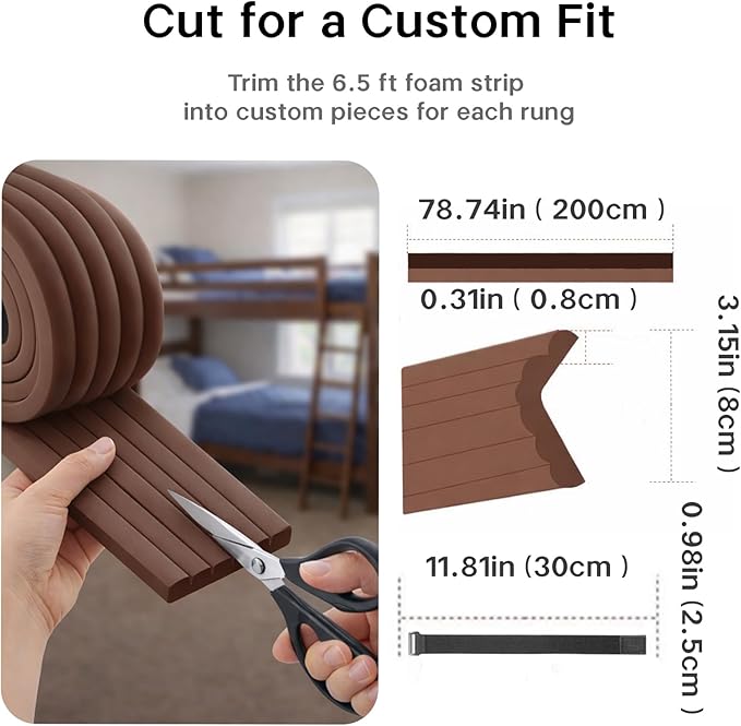 Bunk Bed Ladder Pads 6.5 Ft with 10 Adjustable Straps, Soft Foam Ladder Cover for Loft Bed, Cushioned Step Pads for Comfortable Climbing, Secure Fit, Brown