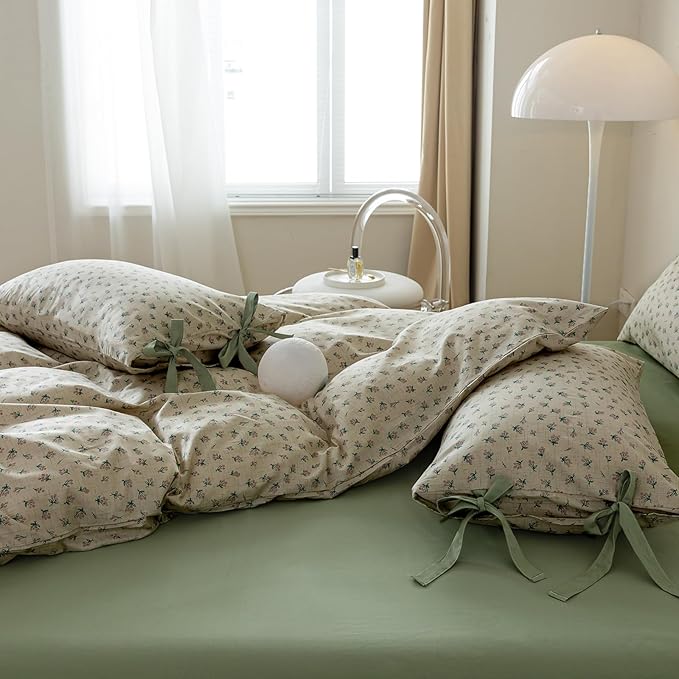 VM VOUGEMARKET Green Purple Flower Duvet Cover Set King 100% Cotton 3 Pcs Girls Blossom Comforter Cover with Zipper Closure Cottagecore Style Duvet Cover + 2 Pillowcases with Bowknot-104x90 Inch