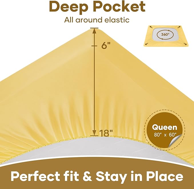 OhGeni 100% Waterproof Mattress Protector, Queen Size Yellow, Fitted Sheet with Deep Pockets, 6''-18'', Premium Noiseless Breathable Soft Material, Mattresses Cover for Bed