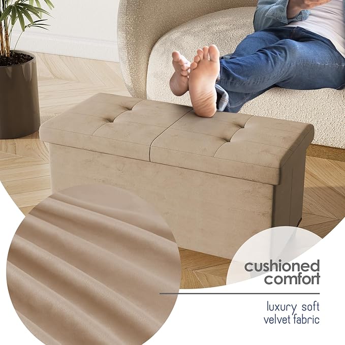 Storage Ottoman Bench with Bins, 30-in Storage Bench for Bedroom End of Bed, Folding Foot Rest Ottoman for Living Room Max 660lbs, Velvet Ottomans, Taupe